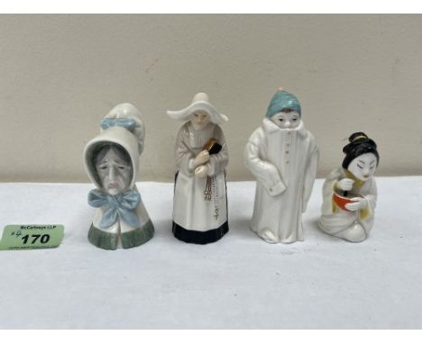Four Royal Worcester candle snuffers, viz a nun; Old Woman; Japanese Girl and Toddie 