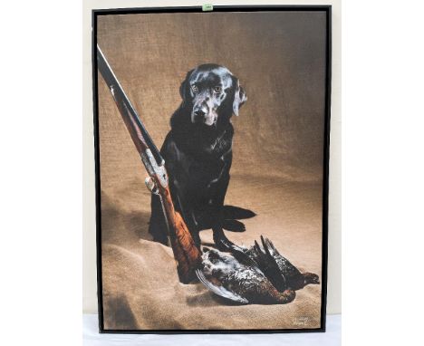 CHRISTIAN SCHWETZ. BRITISH 1967-2022 Black labrador with shotgun. Photographic print on canvas paper 47' x 33'. Prov: The art