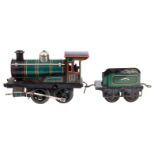 Bing B-Dampflok, mit 2A-Tender, Spur 0, uralt, CL, Uhrwerk def., Alterungs- und Gebrauchsspuren, Z