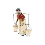 Uralt-Blechfigur, Wasserträgerin mit 2 Eimern, uralt, HL, Alterungsspuren, LS, Uhrwerk def., H 19, Z
