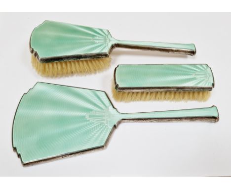 Art Deco silver and green guilloche enamel three-piece dressing table set, Birmingham 1933, William Neal &amp; Son, comprisin