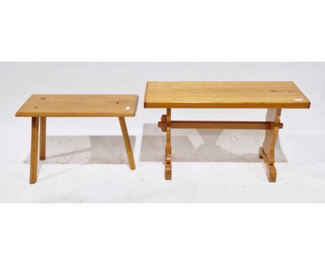 Oak handcrafted stool&nbsp;of rectangular form, on three square chamfered legs, 42cm high x 59cm long x 26cm wide and a pine 