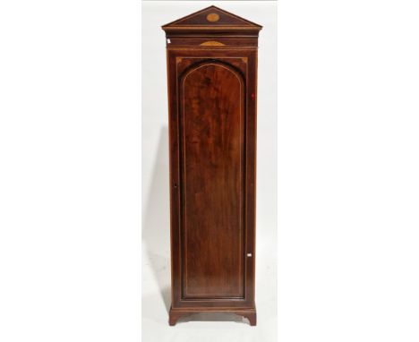 Edwardian inlaid wardrobe in the form of a sentry box, the single panel door opening to a hanging rail and hooks with two int
