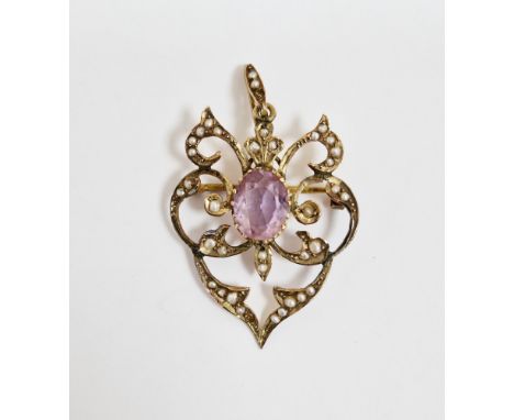 Edwardian Art Nouveau 9ct yellow gold pendant brooch set with seed pearls and an oval faceted amethyst, 4.5cm long, approxima