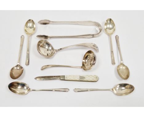 Set of six silver teaspoons, Sheffield 1960, Francis Howard Ltd, 10.5cm long, a Victorian mother-of-pearl and silver plated f