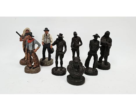 Seven Michael Garman sculptures of American cowboys, soldiers and native Americans, three being ceramic with a coloured paint