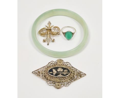 Pale celadon jade bangle, in fitted box, jade set silver and marcasite ring&nbsp;and two silver filigree brooches&nbsp;(4)&nb