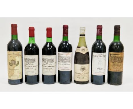Seven bottles assorted red wines viz:- two Domaine de Fontarney 1982, two Chateau Meaume Bordeaux Supervieur (1985 and 1989) 