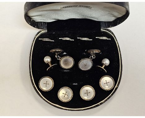 Early 20th century rhodium plated sterling sliver and mother of pearl dress studs and cufflink set, comprising four studs and