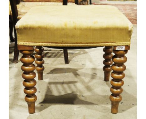 19th century dressing stool&nbsp;of square form with upholstered seat and turned bobbin legs, 45cm high x 48cm wide x 43cm de