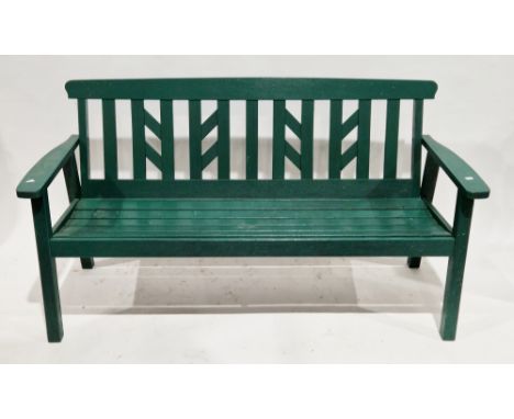 Wooden green painted garden bench&nbsp;with slatted back and seat, 86cm high x 161cm long x 58cm deep&nbsp;