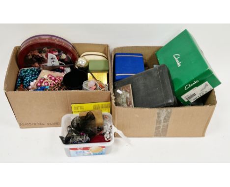 Two boxes of costume jewellery and other items including a white metal India souvenir cigarette case, a collection of loose u