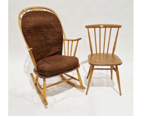 Ercol pale beech and elm comb back double bow 'Chairmakers' windsor rocking chair with original cushions,&nbsp;106cm high x 6