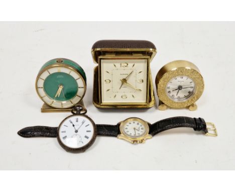 Vintage Cyma Amic Swiss travel clock, 6.5cm high,&nbsp;a Swiza eight-day travel clock, a Europa folding travel clock, a Maxim