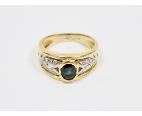 Gold, diamond and sapphire ring set single oval facet-cut collet set sapphire, two sets seven tiny diamonds in openwork, gros