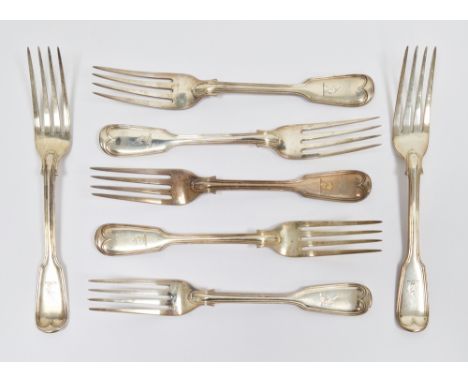 Set of six Victorian silver table forks, London 1841, Chawner &amp; Co, fiddle and thread pattern engraved with crest, 21cm l