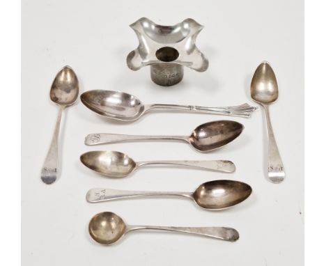 Collection of silver including set of four George III silver teaspoons, further George III teaspoon and salt spoon, a dessert