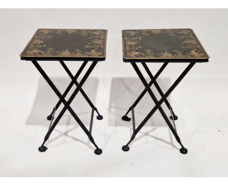 Pair of modern metal folding lamp tables, the square black tops with chinoiserie-style decoration, on folding black finish ba