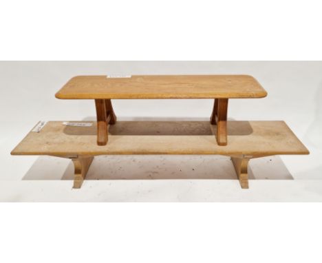 20th century pale oak low bench&nbsp;on trestle supports, 29cm high x 169cm long x 41cm deep and another 20th century golden 