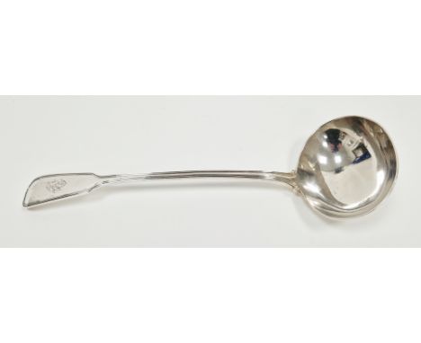 Victorian silver ladle, London 1884, Holland, Son &amp; Slater, the fiddle and thread handle engraved with initials, 32cm lon