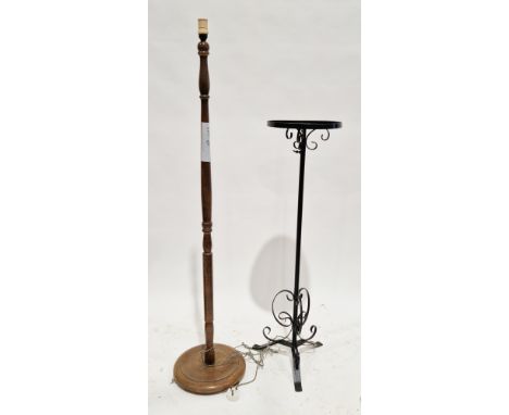Oak turned standard lamp&nbsp;on circular base, 149cm high,&nbsp;a wrought iron jardiniere stand, 111cm high and an adjustabl