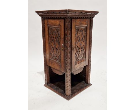 Oak table-top/wall hanging corner cabinet in the 17th century manner, of square form, the moulded cornice with dentil carving