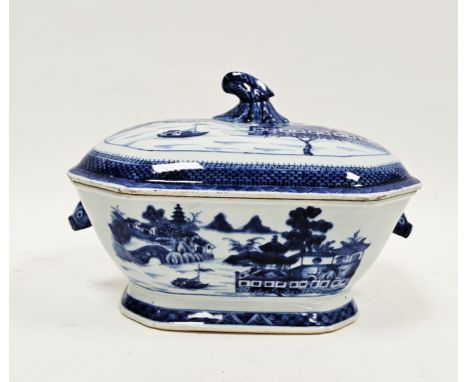 Chinese export blue and white shaped rectangular tureen and cover, with scroll finial and deer-shaped terminals, printed with