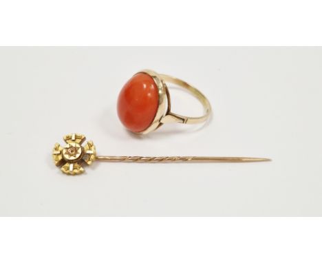 9ct yellow gold and oval cabochon coral ring, size R 1/2, approximate weight 3.9 grams together with Victorian 15ct yellow go