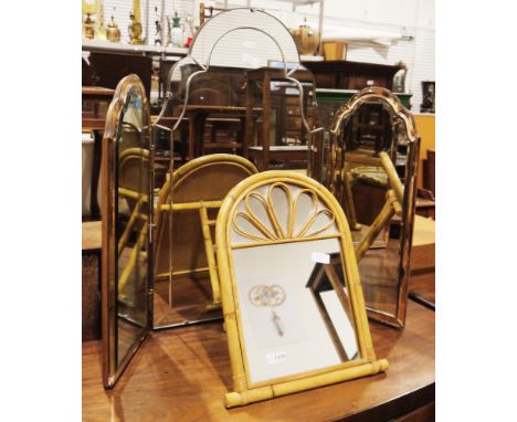 Art Deco dressing table triptych mirror, the two side mirrors with pink tinted mirrored borders, 68cm high x 86cm wide and a 
