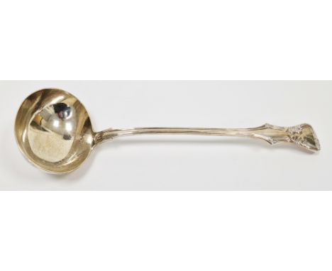 Victorian silver soup ladle, hallmarked London, 1851, makers marks for Chawner &amp; Co., the scroll edged handle engraved wi