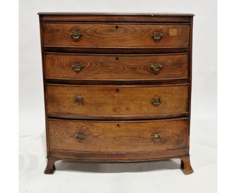 Early 19th century bowfronted oak chest with ogee moulded edge to top, over three long graduated cockbeaded drawers with bras