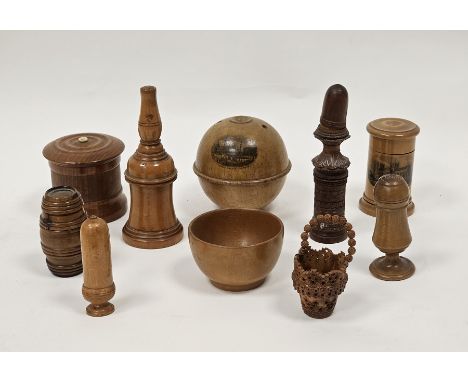 Collection of treen including a Victorian mauchlineware Ripon Cathedral tobacco box and cover, a Craighall cup shaped bowl, a