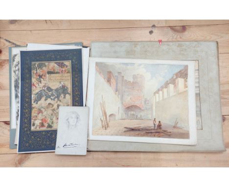 Group of mixed format sketches including a watercolour of the Great Hall Naworth, by a follower of Matthew Nutter, portrait b