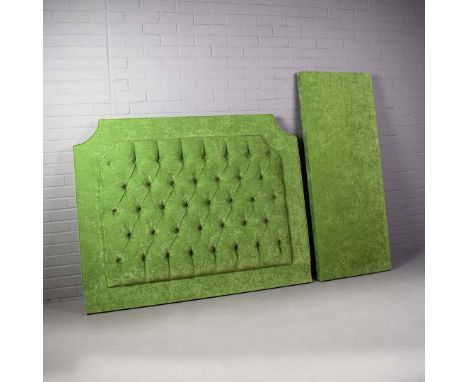 HEADBOARD AND FOOTBOARD (2). green velvet upholstered, headboard 124cm H x 154cm W.