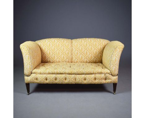 DROP END SOFA. Edwardian mahogany and boxwood strung, with both ends dropping on a ratchet, in a gold Chinoserie fabric 74cm 