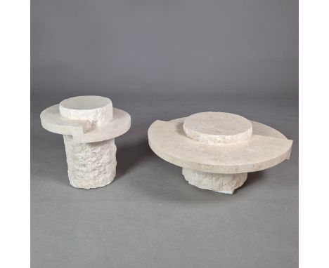ATTRIBUTED TO EN GOLD TIERRA GRANDE FOSSIL STONE COFFEE TABLE AND TIERRA PETITE FOSSIL STONE SIDE TABLE. (2). 100cm diam. at 