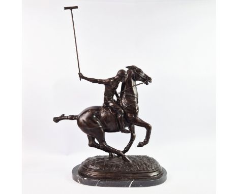 CONTEMPORARY SCHOOL SCUPTURAL POLO PLAYER. cast metal, 81cm H approx.