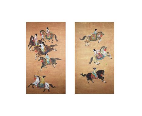A LARGE PAIR OF CHINESE GOUACHE PANELS. (2). depicting polo players. 220cm H x 120cm W.