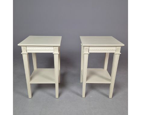 ATTRIBUTED TO CHELSEA TEXTILES SIDE TABLES (2). a pair, with single frieze drawers, 74cm H x 46cm x 45cm.