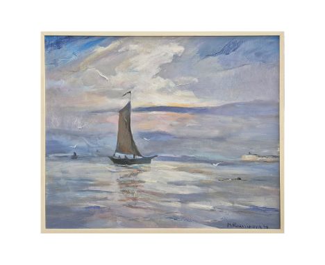 M. ROUSSINOVA. SEASCAPE, WITH SAILING YACHT. Oil on canvas, framed, 77.5 cm H x 92.5 cm W.