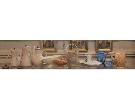 Beswick palm-tree vase 25cm, three Poole coffee pots, Sylvac jug and vase, Wedgwood oval bowl 29cm wide, five others. (12) 