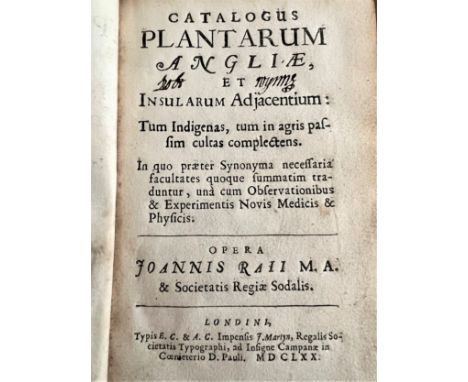 Catalogus Plantarum Angliae. 1670. Joannis Raii. Leather bound, some staining and torn front pages. On display in 43 Dover St