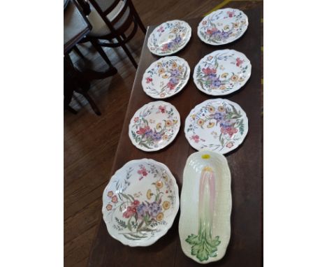 Wedgwood 5981 floral pattern bowl and six plates; Beswick celery dish (8) 