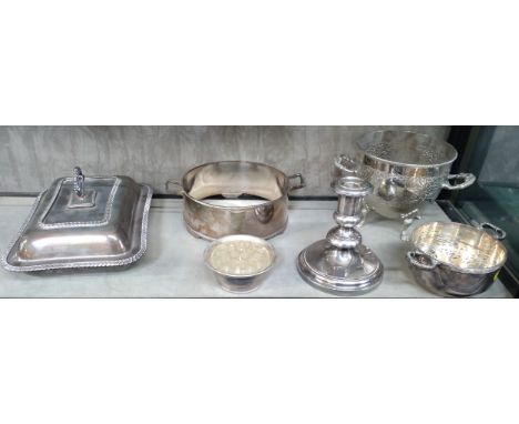 Six pieces of silver plate including an entree dish, a candlestick, etc. 