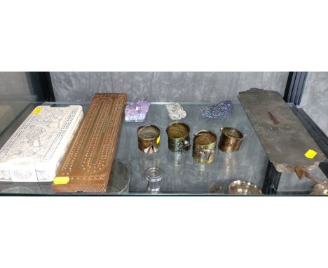 A small collection including 2 crib boards, a string balance, 3 pieces of quartz and miscellaneous, and 3 sets of playing car