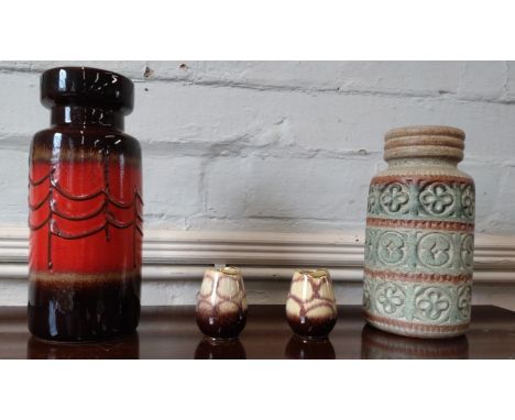West Germany mid-century ceramic vases- 289-27 cylindrical vase 26cm, 517-30 cylindrical vase 30cm and a pair of cream and br
