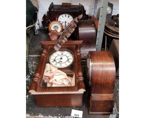 Collection of mounted and wall clocks, barometer, oak pediment and a wooden elephant ## key &amp; pendulums ##