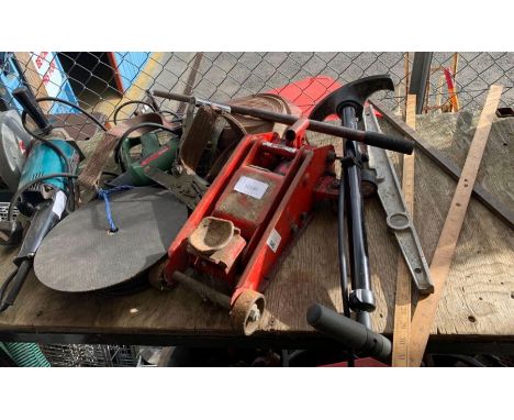 Trolley jack, Makita angle grinder, ratchet straps &amp; other tools