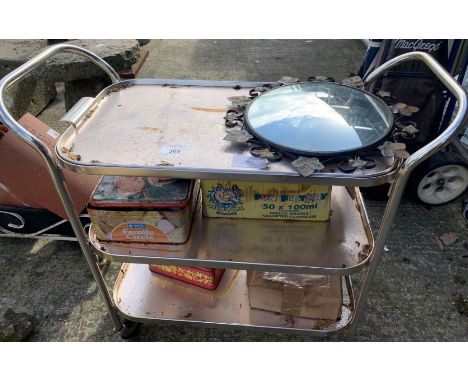 Retro 3 tier tea trolley, wrought iron framed mirror &amp; other items