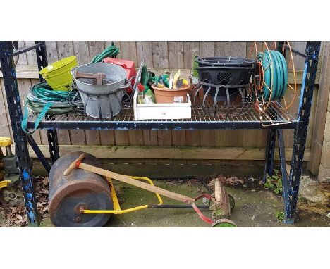 Garage equipment to include galvanized buckets, hanging baskets, hose reels &amp; garden roller